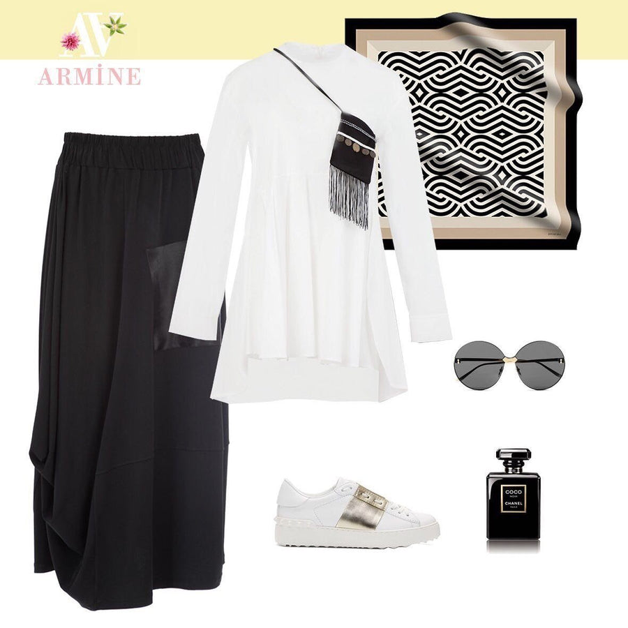 Armine Black and White Silk Scarf Vevo - Beautiful Hijab Styles